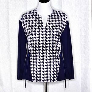 Purificacion Garcia Navy Blue Purple Houndstooth Long Sleeve Jersey Knit Blouse